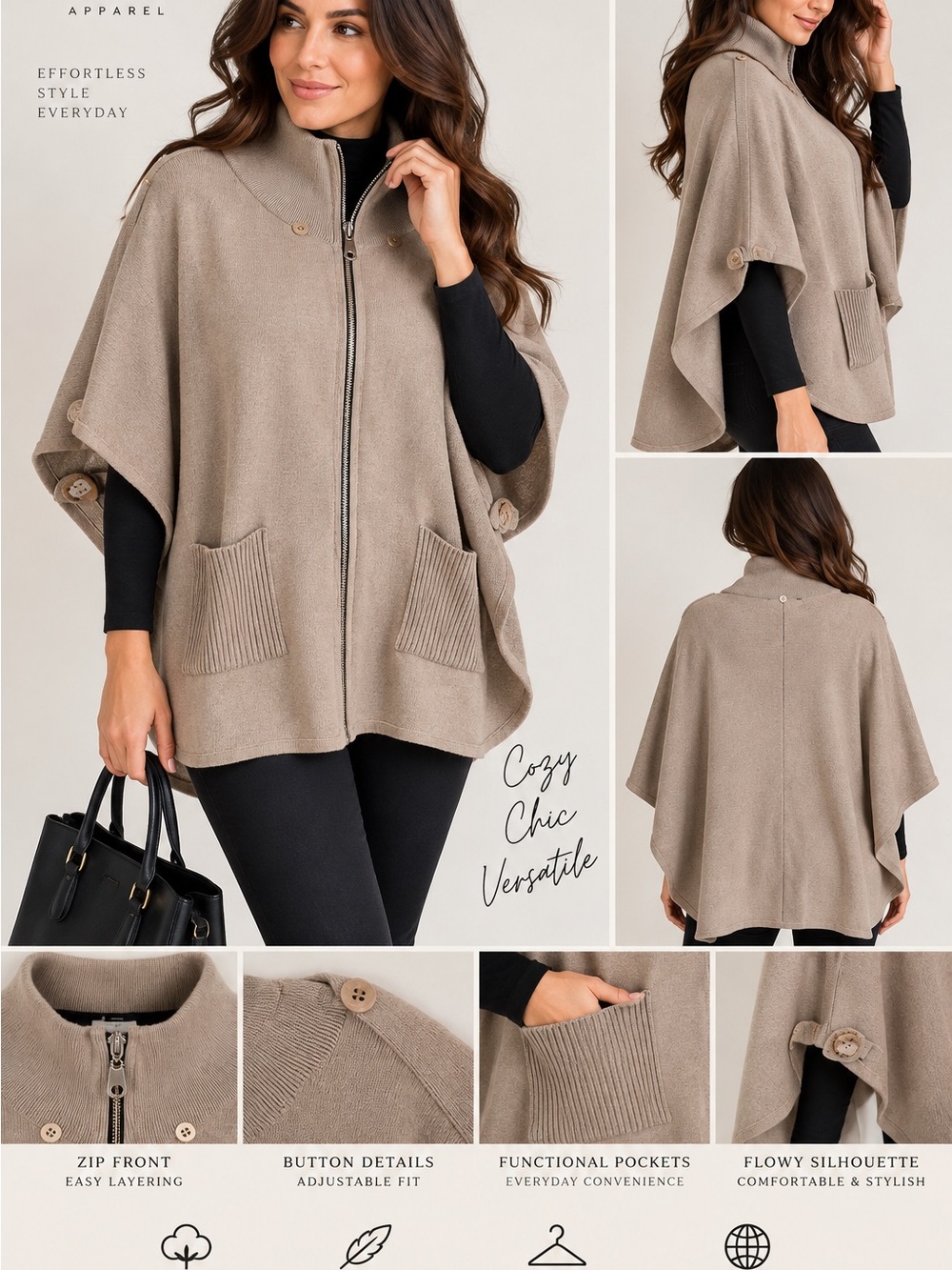 Angel Taupe Zip-Front Cape Sweater